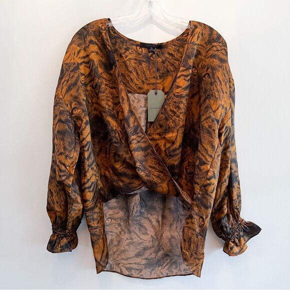 AllSaints Penny Grizedale Cat Print Wrap Front Blouse - Picture 4 of 8